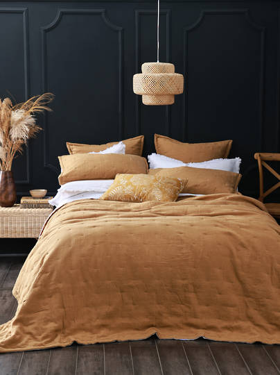 MM Linen | Laundered Linen Bedspread Set | Cumin|  Extras - Quilted Euros and Tassel Pillowcases